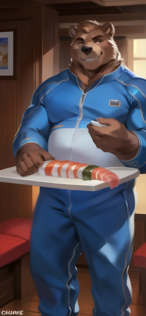  alone , Male tall , Big torso ,Standing , den , bear mammoth​ ,Holding a tray with sushi food., portrait pose, Blue Military Spacesuit,  Overweight ,  Muscle Bundle, smirking psychosis, by chunie 