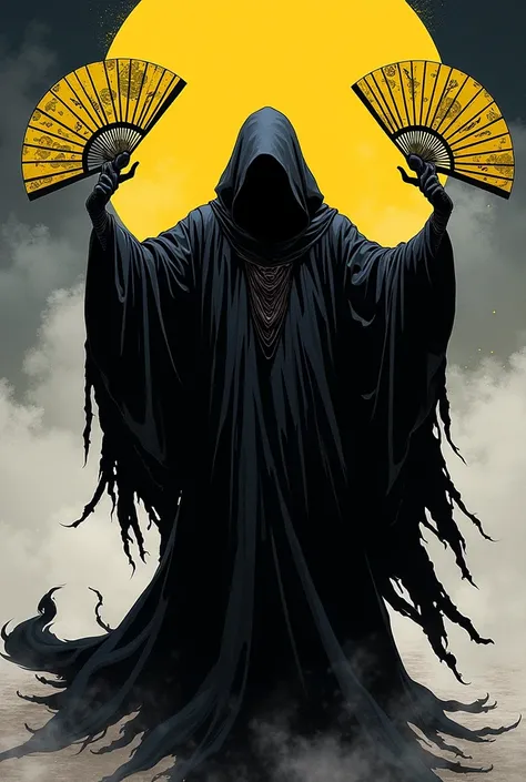 Comic: shinigami/reaper with yellow crow motif, and wields iron paper fans