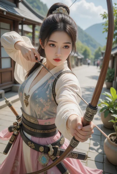 Fisheye、From above、High quality for 、a woman with a Bow and Arrows in her hand, anime girl with a Bow and Arrow, with Bow and Arrow,  female action anime girl Holding a bow and arrow, Holding a bow, January J , Bow and Arrow, 女Bow and Arrow手, , Bow and Arr...