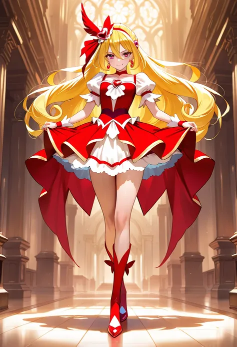  top quality,  very detailed,  Masterpiece, anime,  one girl,  alone, Cure Scarlet, feather hair ornament, (Beautiful fine details),  very detailed顔, Exquisite CG  , Complete Technique, Straight Hair, Dynamic Poses ,A sparkling smile,Full body pose