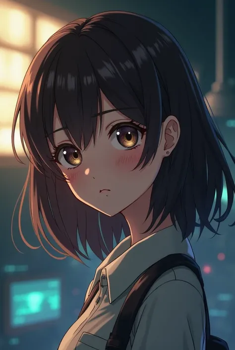  girl with medium short brown hair . dark brown eyes and lenses .  tired look, dark circles.
Background related to time travel, futurist.
 Anime style