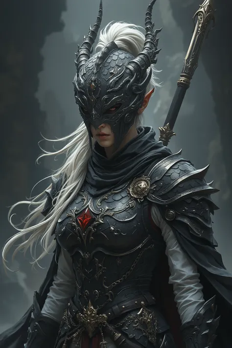   realistic images、live-action 、  full body shot、     Tensho eru Kuroboshi Savia      、Living Freely: Human Women's Dragon Knight、20-year-old woman、 Slender Woman、 White voluminous ponytail、Black light armor、Made with dragon scales、Shoulders are sharp、 is ...