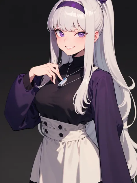  Super detail ,  Masterpiece,  Best Quality ,
 alone , Facing the viewer , Smiling light ,
 1girl ,  purple eyes, Bangs,  big chest , long hair,  gray hair,
headband,  Ponytail,  Black High Waist Skirt, White High Neck Top,  3/4 Long Sleeves ,wide sleeves,...