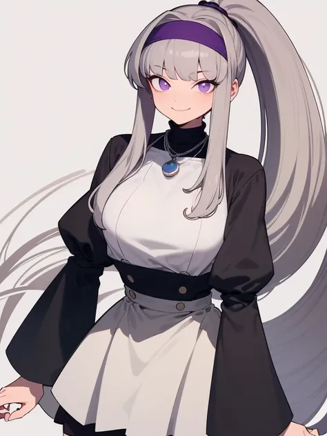  Super detail ,  Masterpiece,  Best Quality ,
 alone , Facing the viewer , Smiling light ,
 1girl ,  purple eyes, Bangs,  big chest , long hair,  gray hair,
headband,  Ponytail,  Black High Waist Skirt, White High Neck Top,  3/4 Long Sleeves ,wide sleeves,...