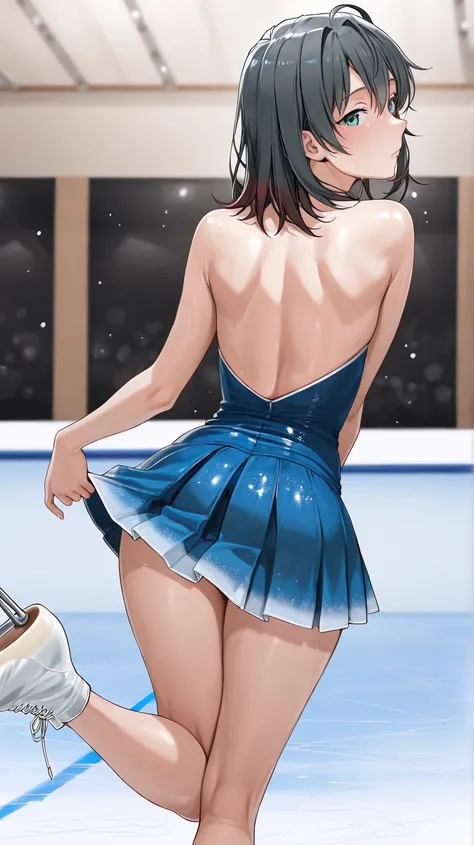 A woman are ice skating, Indoor skating rink, my skirt is fluttering, blue mini dress, solo, masterpiece, high resolution, best quality, yukinoshita haruno, lift one's skirt, back shot, looking at viewer, (leg up:1.4)