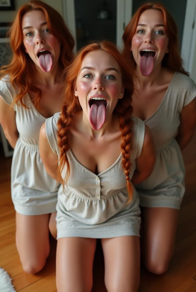 Three beautiful women with freckles, (mouth very wide open), long red hair in a french braid, (eyes open), wearing short cowl neck dress, kneeling on hardwood floor, viewed from below, hands behind their back, very thick thighs, tongue sticking all the way...