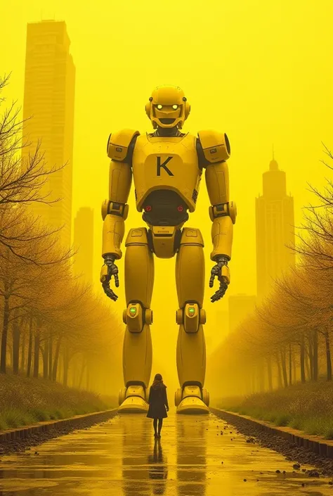 The yellow world、 Fantasy、big yellow AI robot,The letter on the chest,yellow cityscape、yellow building, yellow house , Yellow Person々, Yellow Trees 々,The yellow park,A yellow AI robot that crushes,A world that is ruined