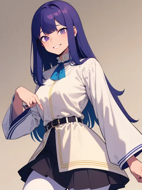  Super detail ,  Masterpiece,  Best Quality ,
 alone , Facing the viewer , Smiling light ,
 1girl ,  purple eyes, Bangs,  Medium chest , long hair,  blue hair,  Hoop Up,  Black Skirt , White High Neck Top,  3/4 Long Sleeves ,wide sleeves,
 white stockings ...