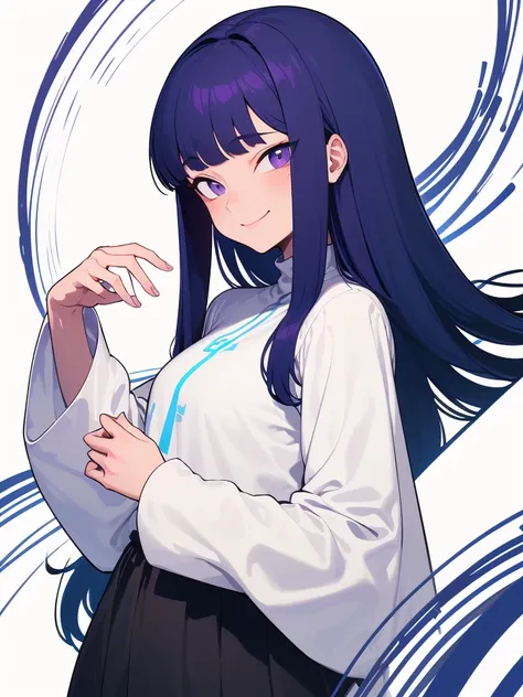  Super detail ,  Masterpiece,  Best Quality ,
 alone , Facing the viewer , Smiling light ,
 1girl ,  purple eyes, Bangs,  Medium chest , long hair,  blue hair,  Hoop Up,  Black Skirt , White High Neck Top,  3/4 Long Sleeves ,wide sleeves,
 white stockings ...