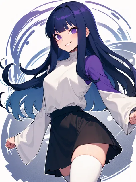  Super detail ,  Masterpiece,  Best Quality ,
 alone , Facing the viewer , Smiling light ,
 1girl ,  purple eyes, Bangs,  Medium chest , long hair,  blue hair,  Hoop Up,  Black Skirt , White High Neck Top,  3/4 Long Sleeves ,wide sleeves,
 white stockings ...