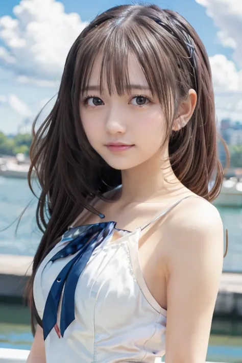  day本の女性はアイドルのように ,  long hair ,   Straight Hair , round face ,  bust up ,   sailor suit   ,   as pictured , ,  medium breasts,  Viewer,((( front body))), sea, day, 木漏れday,  blue sky,  beautiful clouds,  Gradation Sky ,  boat,  skyline,  cityscape ,  light...