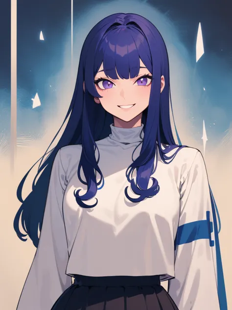  Super detail ,  Masterpiece,  Best Quality ,
 alone , Facing the viewer , Smiling light ,
 1girl ,  purple eyes, Bangs,  Medium Chest , long hair,  Light blue hair , Hair ends up curled,  Black Skirt , White High Neck Top,  3/4 Long Sleeves ,wide sleeves,...