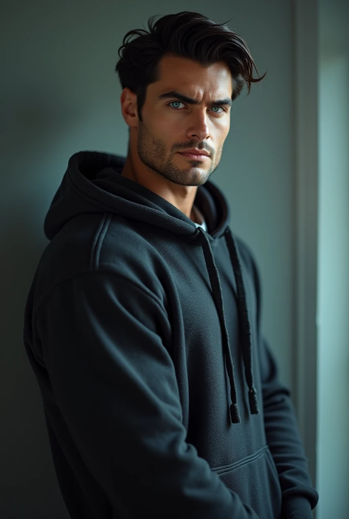 tall handsom man with a very strong muscular body, with black hair and bright blue eyes, wearing a hoodie with the sleeves rolled up showing his arms, realistic 4k
Masterpiece, best quality, photorealistic, ultra high detailed, movie poster style, (bedroom...