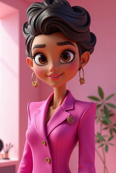 Can you help me create a professional makeup artist with not so dark tan skin , thick eyebrows ,  dark brown hair , in Pixar-style 3D animation with a fuchsia uniform