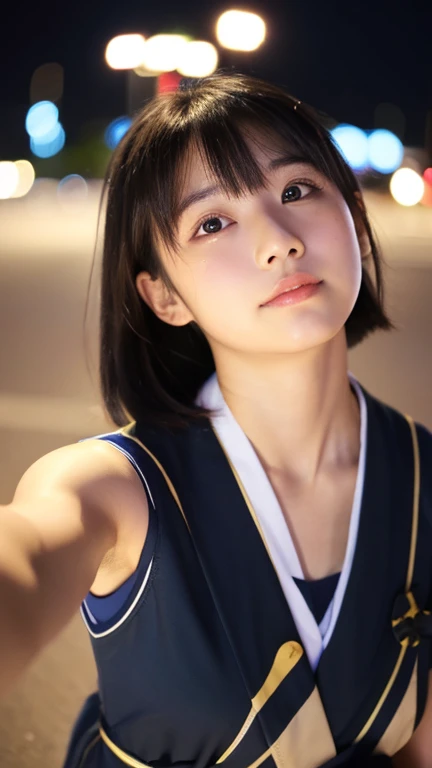  take a selfie 、  cute Japanese girl looking up at the starry sky at night ,   black hair, Moderate ,  high school,  High Quality Pictures 、Cover your face a little with your hands、summer、summer着,valley,background sea ribbon, kiss face golden eyes, chest e...