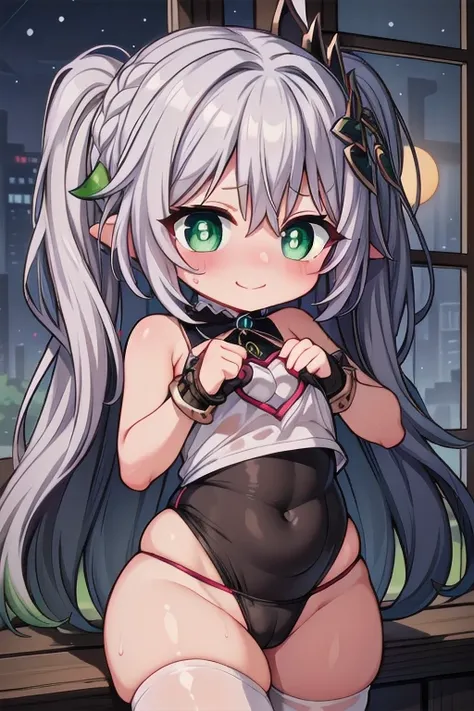 Sleeveless camisole, thick thighs, white hair, glowing eyes,(loli:1.6), showing belly, thick thigs, white, heart with hands, very happy, smile, thong, room, window, rain, thick thighs, happy, smile, very blushed, embarrassed, nervous, green eyes, white hai...