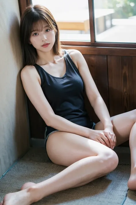 ( top quality、 Hi-Res、8k、 Masterpiece:1.55、 Film Grain)、(( full body photo:1.0))、 Japanese woman、A woman with a  cute upward gaze、 tank top with loose chest、 full body photo:1.33、 Stylish Clothes That Show Your Body Line That Looks Great on Instagram、 no u...