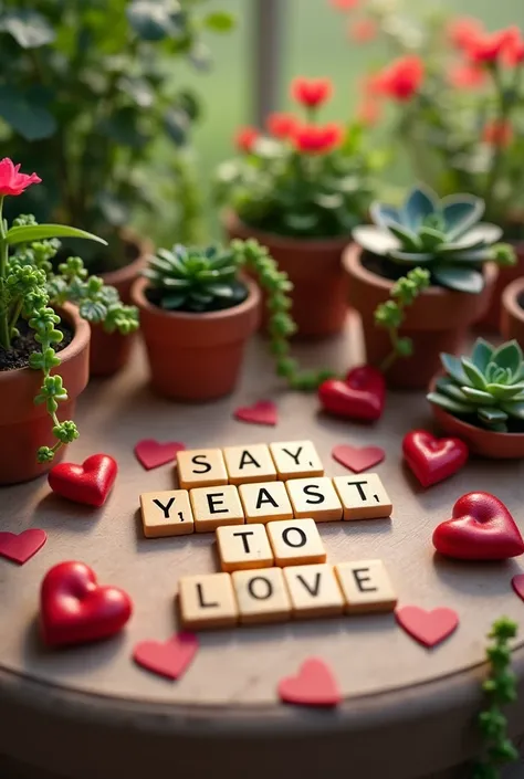 Make a scrabble word play that have “Say Yeast to love” with hearts and plants make it realistic