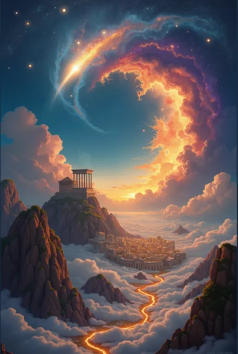 "A hand-painted fantasy illustration of a cosmic landscape featuring the ancient city of Rome atop a mountain, its grand architecture bathed in golden light. A massive, swirling galactic wave made of vibrant nebula colors—deep blues, purples, fiery oranges...