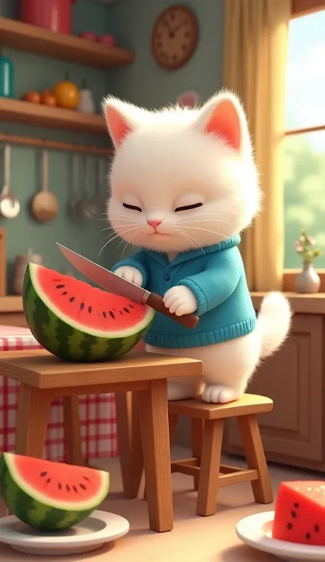   

"A fluffy white cat wearing a snug blue jersey is in a cozy kitchen, standing on its hind legs on a stool, carefully cutting a big, ripe watermelon with a small knife. The cat's face shows deep concentration as it slices through the juicy red fruit, wi...