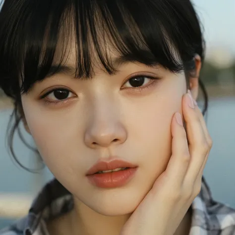 (Photo real:1.4), (Surreal:1.4), ( soft lighting :1.05), , (sad:1.4), slightly open lips, Clean and clean beauty , , soft lighting , backlight, (jollity:1.2), ( with premium real textured skin ), narrow eyes, very delicate face , glowing skin on on...
