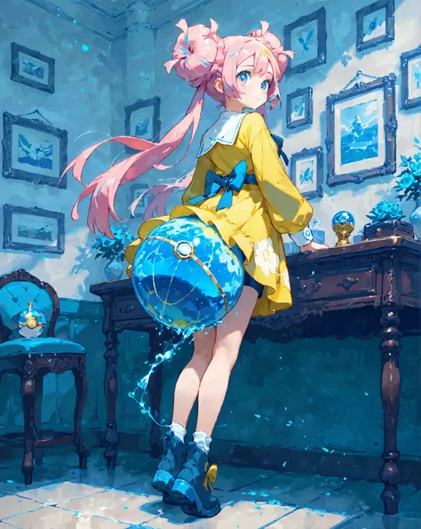 score_9, score_8_up, score_7_up, UHD, 1girl, solo, Masterpiece, UHD, Lono, Nanjamo, Long sleeve yellow dress, Light pink and blue marble hair color, "The big bun hairstyle is inspired by the Pokémon character Coil", action painting, Bun hairstyle and long ...