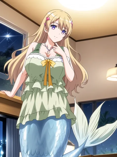 Mermaid, (Night:1.7), at a podium in a room with a tv on the wall and a desk with a laptop on it,
Standing at attention,
cleavage,sleeveless,green Long dress ,a yellow bow,
jewelry,necklace,gem,
bangs, blonde hair,long hair, hair ornament, hairclip,Purple ...