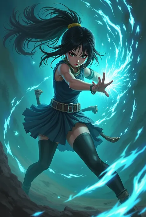 anime girl in fighting style and green and much blue effect, dark blue and green background