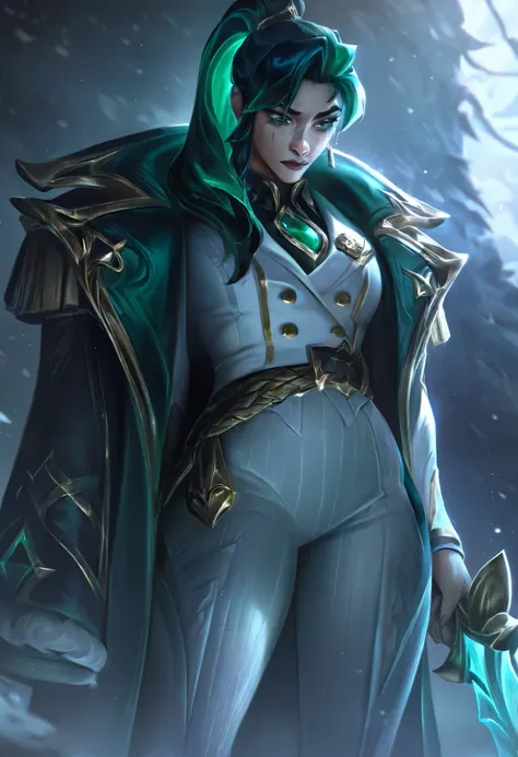 best quality, masterpiece \(quality\), L0LSPL4SH, year2024, year2023, 1girl, West Studio, solo, taller frame, dominant posture, posing, cold, dommy mommy, dark green hair, long marine cape, white outfit, golden medals on the shoulders, cold gaze, neutral e...