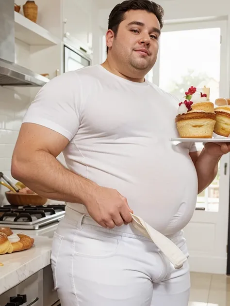 Fat male baker in tight white clothes, tight pants, large penis, holding pastries 