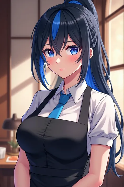 Anime adult with black hair and blue highlights and blue eyes and with a waiter's costume 