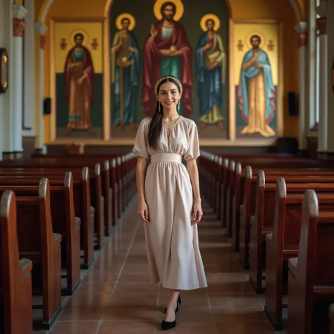 Realistic photo taken on a regular old phone, Orthodox Slavic brunette woman in a long modern dress, on her head a scarf, wearing low-heeled shoes, smiling slightly in an Orthodox church against a background of large icons, there are no benches in the room...