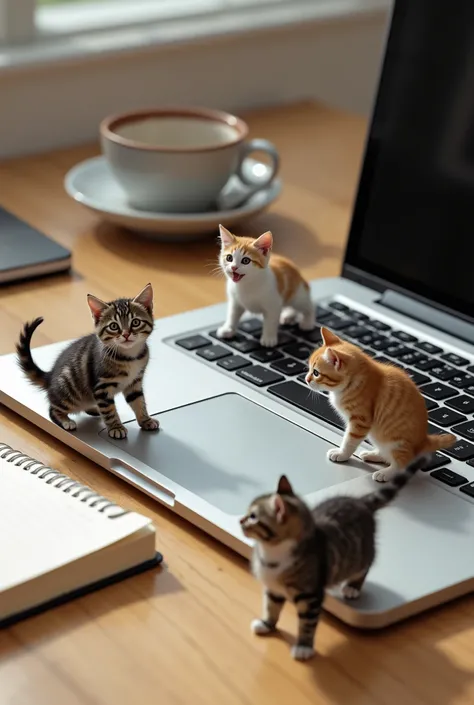 Five miniature, thumb-sized cats of various breeds and colors roaming and playing on a work desk with a laptop, viewed from a top-down perspective. The image is highly realistic, capturing fine details such as the texture of the cats' fur and reflections o...