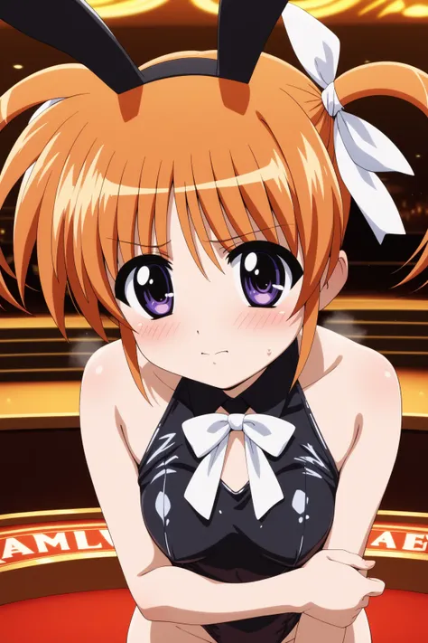 masterpiece,best quality,{{detailed beautiful face and eyes}}, very detailed background,
Takamachi Nanoha,{{{megami magazine}}},short hair,orange hair,twintails,white ribbons,hair between eyes,purple eyes,small breasts,
((bunny girl,black rabbit ears,black...