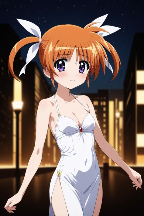 masterpiece,best quality,{{detailed beautiful face and eyes}}, very detailed background,
Takamachi Nanoha,{{{megami magazine}}},short hair,orange hair,twintails,white ribbons,hair between eyes,purple eyes,small breasts,
((black evening dress,deep slit,smal...