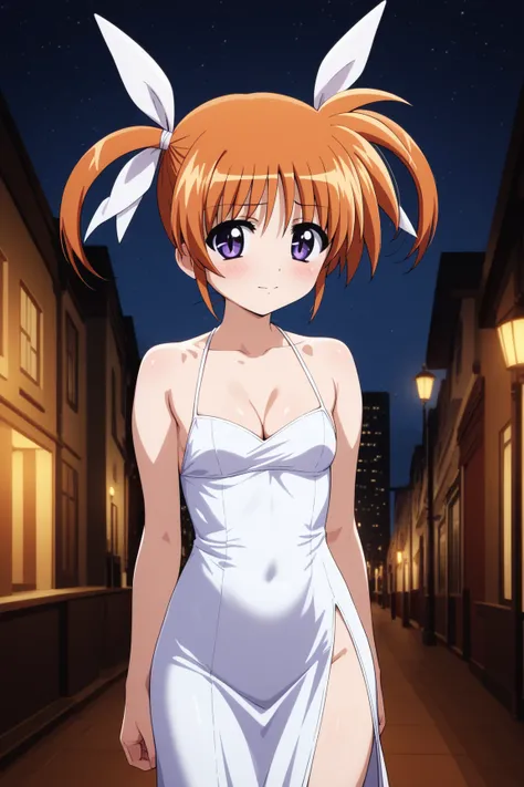 masterpiece,best quality,{{detailed beautiful face and eyes}}, very detailed background,
Takamachi Nanoha,{{{megami magazine}}},short hair,orange hair,twintails,white ribbons,hair between eyes,purple eyes,small breasts,
((black evening dress,deep slit,smal...