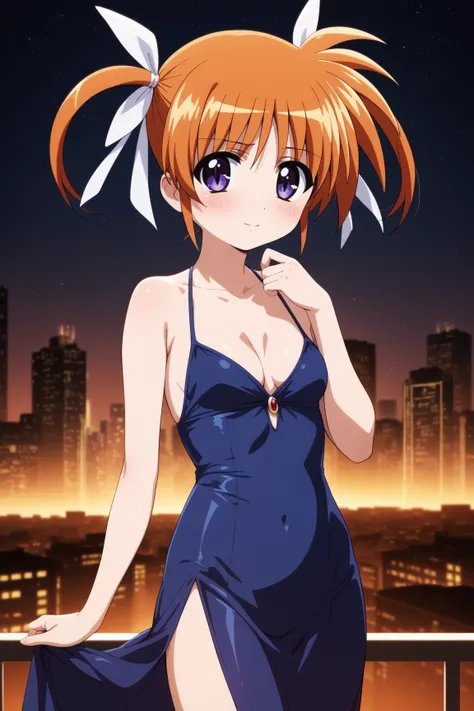 masterpiece,best quality,{{detailed beautiful face and eyes}}, very detailed background,
Takamachi Nanoha,{{{megami magazine}}},short hair,orange hair,twintails,white ribbons,hair between eyes,purple eyes,small breasts,
((black evening dress,deep slit,smal...