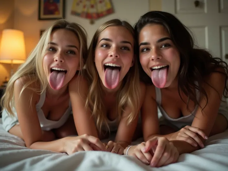 Amateur photo, sharp detail, realistic detail, bokeh. Dramatic low angle looking up at subjects as they kneel leaning forward to look at the viewer. Medium shot, romantic lighting. Three white girls,  seductive expression,mouths open, two blondes and one b...