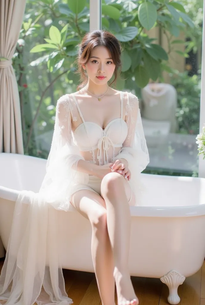 a young woman sitting elegantly on the edge of a white vintage bathtub. She is wearing a delicate white lace outfit with sheer, flowing sleeves, and the fabric drapes gracefully onto the floor. Her hair is styled in a loose, elegant updo adorned with small...