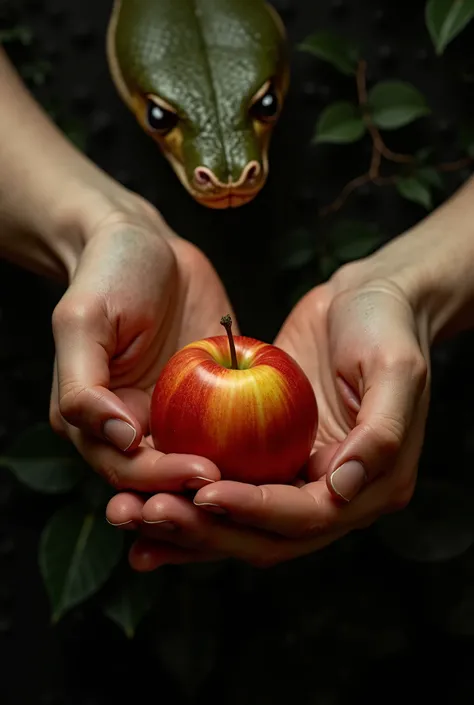  Create a realistic and Renaissance image that portrays only the hands of Adam and Eve holding the forbidden fruit, Once bitten .  The hands must be detailed ,  with textures and shadows that highlight the tension and importance of the moment . the fruit ,...