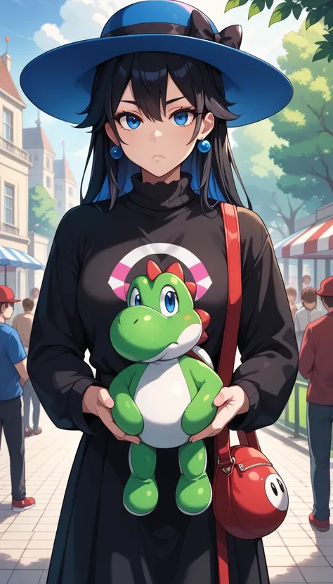 1girl\(long twin tail black hair, blue eyes, gothic fashion, colorful red hat with an "M" \(super mario\), bored, holding a huge yoshi plush toy, standing, static pose, look at viewer\), semi-realistic, theme park, crowd, colorful, morning