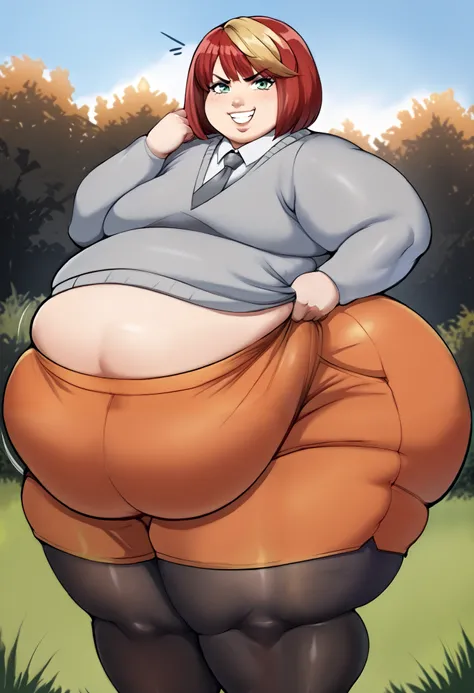 score_9, score_8_up, score_7_up, skindentation, source_anime, realistic, deep skin, high quality, highres, (athletic body), ((curvy)), (((wide hips))),, ((thick thighs)) ((cute)), , ((sexy)), small breasts, 1girl, MelaPKMN, two-toned hair, grey sweater, or...