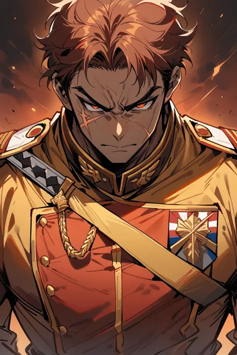 masterpiece, high quality, 1man, solo, (masculine:1.3), (manly:1.2), mature male, short auburn hair, amber eyes, military uniform, (red and gold uniform:1.2), sword, military medal, (facial scar:1.1), tall, muscular, broad shoulders, serious expression, di...