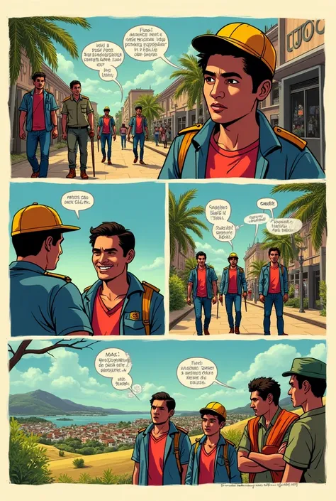 Now make a comic book page that has a little more text in Spanish with 6 parts and is a little funny but profound about the Cuban revolution 