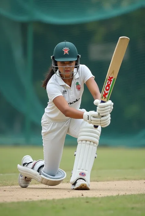 Japan women cricket player doing net practice session with knock sports cricket bat. Please write clearly KNOCK word on the bat and gloves and pads also on cap 