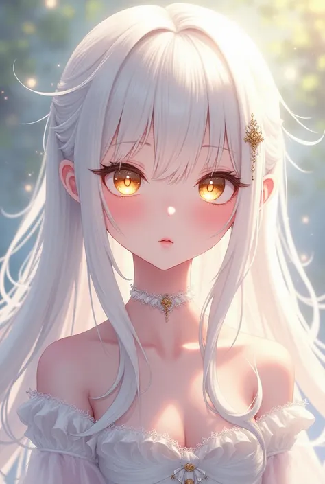 A cute anime-style  with white hair,  golden eyes, fair skin and cute white clothes .
