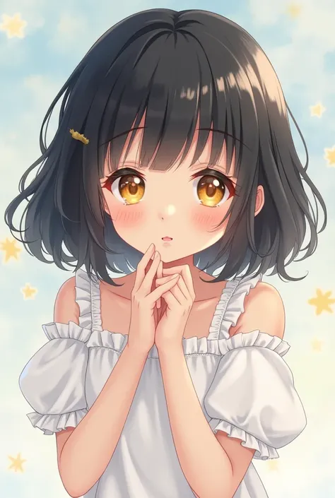 A cute anime-style  with black hair,  golden eyes, fair skin and cute white clothes .
