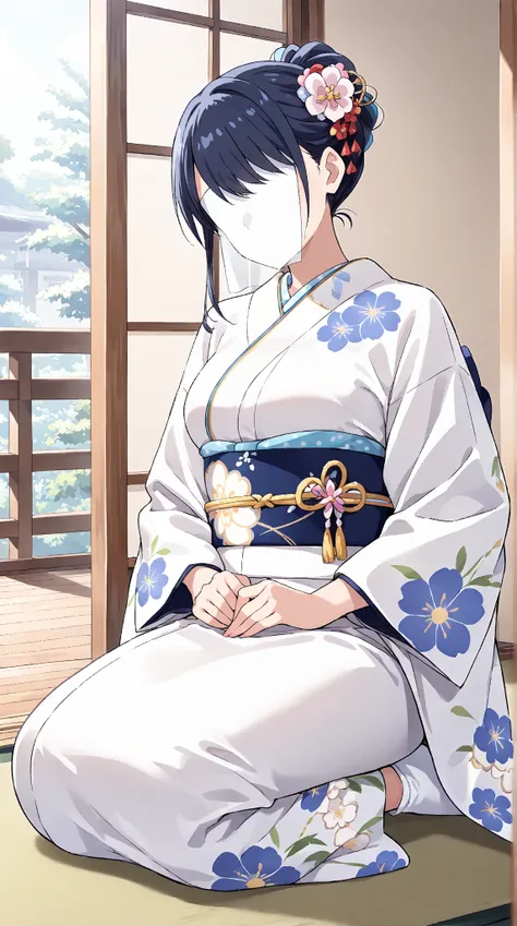 score_9,score_8_up,score_7_up, Anime-style character, source_anime, beautiful color amazing quality, 1girl, solo, lonely, 30-year-old, Pretty Face, cute, beautiful, A pale anime mature woman, (white kimono, print kimono, floral print, hair flower, hair orn...