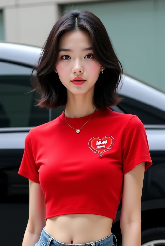 beautiful korean wearing a red croptop with printed name heart print and standing in front of a black car