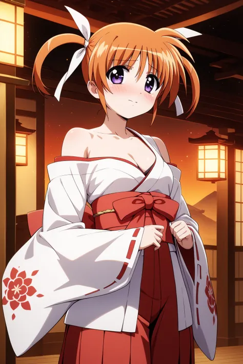 masterpiece,best quality,{{detailed beautiful face and eyes}}, very detailed background,
Takamachi Nanoha,{{{megami magazine}}},short hair,orange hair,twintails,white ribbons,hair between eyes,purple eyes,small breasts,
(miko:1.1),{{red hakama}},hakama ski...